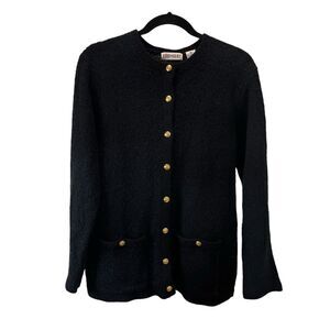 Kerry N Kelsey Black Gold Tone Buttons Knit Cardigan Sweater Womens Size M VTG